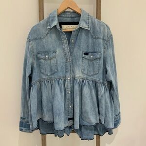 We The Free Dylan Chambray Babydoll Denim Top Jacket Pearl Snap Buttons  Size XS